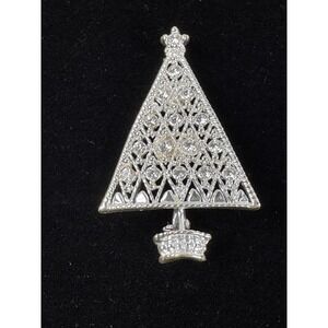 Eisenberg Ice Christmas Tree Pin Rhinestone Green Red Gold Tone Brooch